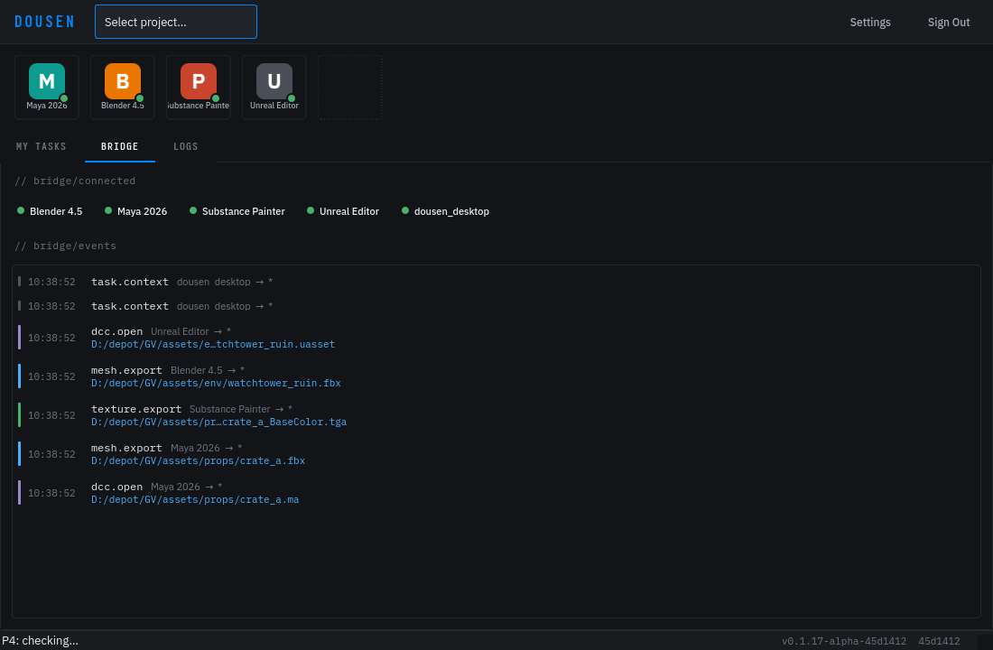 Dousen desktop app bridge tab: connected DCCs — Blender, Maya, Substance Painter, Unreal Editor — and a live feed of routed events like mesh.export and dcc.open.