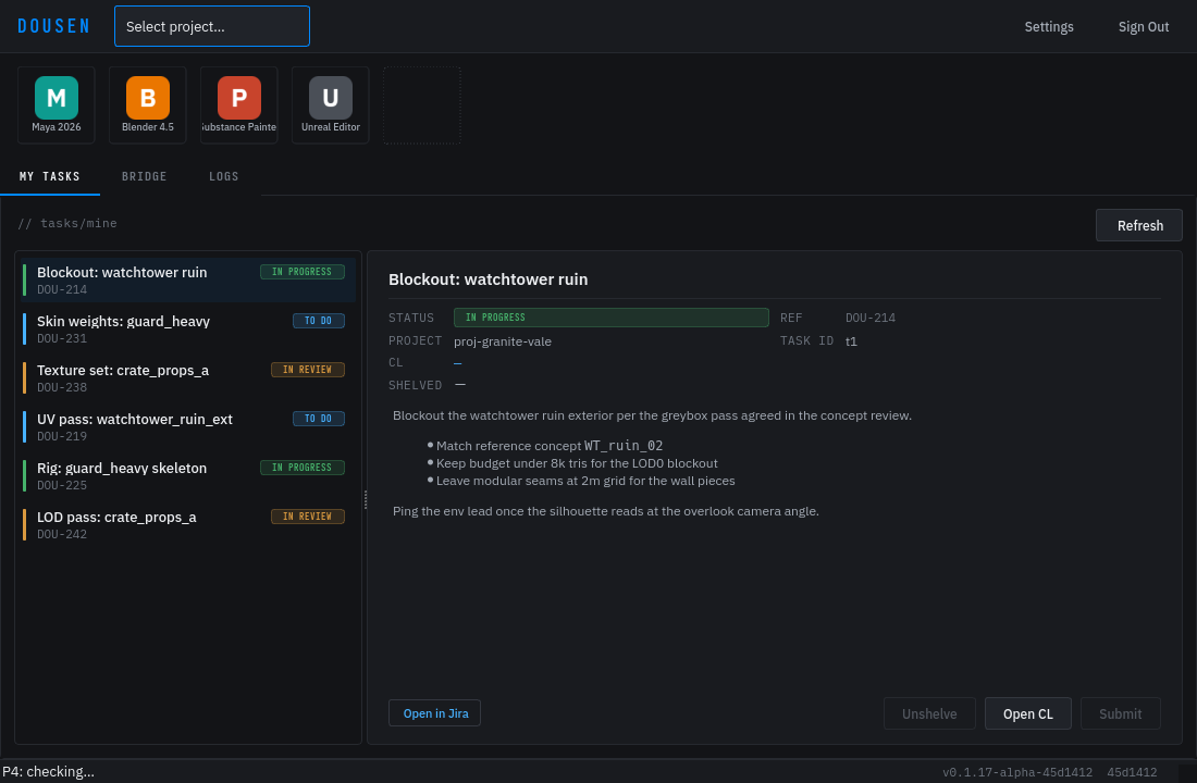Dousen desktop app: the artist's Jira task list with status, changelist and shelve state, a task description, and launcher tiles for Maya, Blender, Substance Painter, and Unreal Editor.