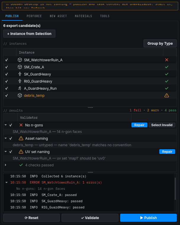 The Maya Dousen panel shown while the DousenDesktop bridge is unreachable, in a disconnected error state.