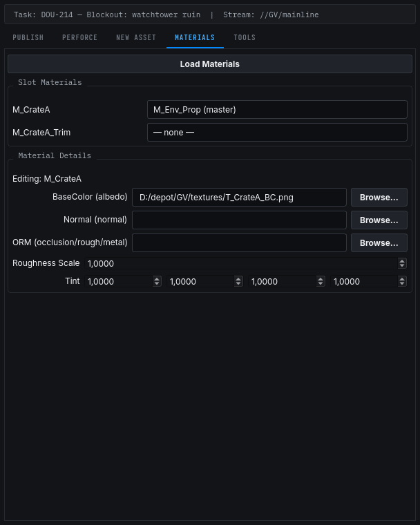 The Maya Dousen dock's Materials tab, showing the shared material-catalog picker used to assign a catalog material to a mesh material slot.
