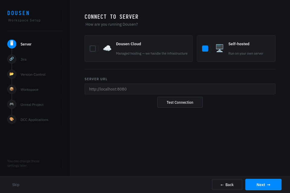 The onboarding wizard's Server step, where an artist chooses Dousen Cloud or a self-hosted server URL.