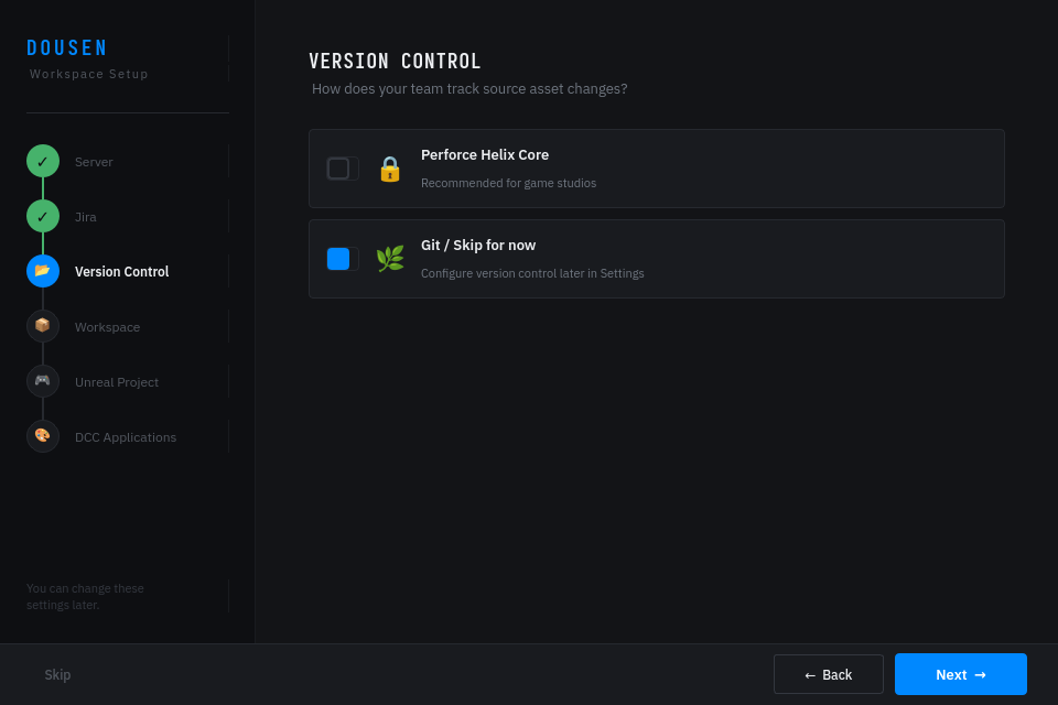 The onboarding wizard's Version Control step, where an artist chooses between Perforce and Git.