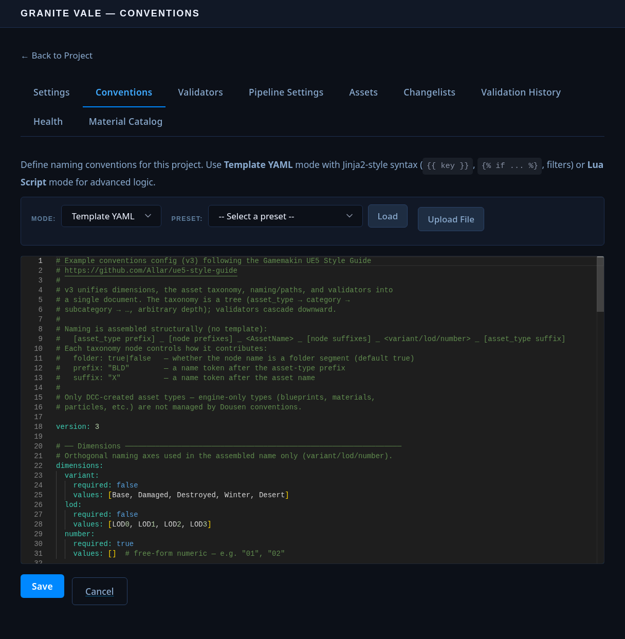 The portal's Conventions editor showing a per-project naming conventions YAML document.