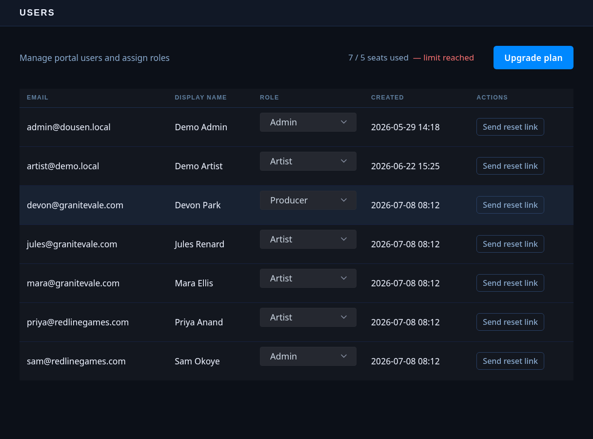The portal's Users page listing every user on the studio instance with their role.