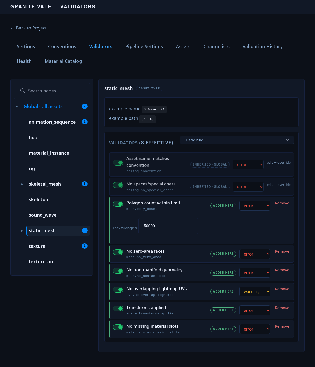 Dousen web portal: per-asset-type validator tree with severity dropdowns, inherited global rules, and per-project overrides.