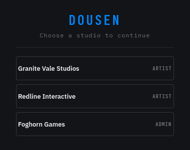 The Choose Studio picker dialog listing available studios and the signed-in user's role in each one.