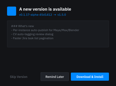 The UpdateDialog showing the version jump, a changelog, and Skip Version, Remind Later, and Download and Install buttons.